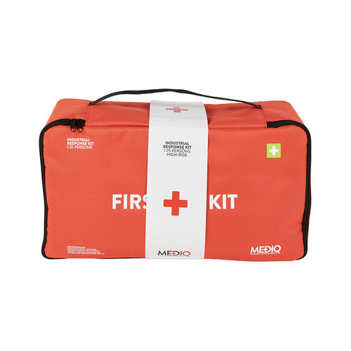 WORKWEAR, SAFETY & CORPORATE CLOTHING SPECIALISTS Mediq Essential First Aid Kit Workplace Response In Orange Soft Pack 1-25 Persons High Risk