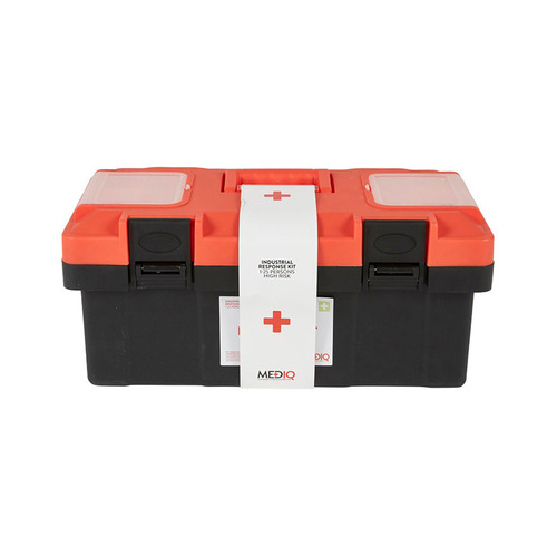 WORKWEAR, SAFETY & CORPORATE CLOTHING SPECIALISTS Mediq Essential First Aid Kit Workplace Response In Orange/Black Plastic Tackle Box 1-25 Persons High Risk