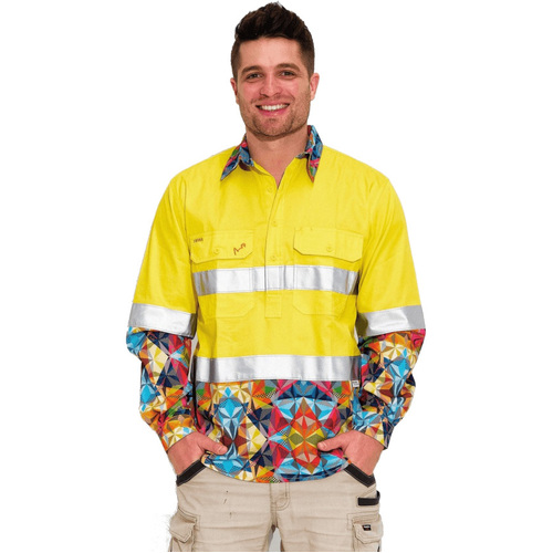 WORKWEAR, SAFETY & CORPORATE CLOTHING SPECIALISTS - MENS FRACTAL HI VIS DAY/ NIGHT YELLOW 1/2 PLACKET WORKSHIRT