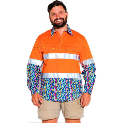 WORKWEAR, SAFETY & CORPORATE CLOTHING SPECIALISTS - MENS SPACE WEAVE HI VIS DAY/ NIGHT ORANGE 1/2 PLACKET WORKSHIRT