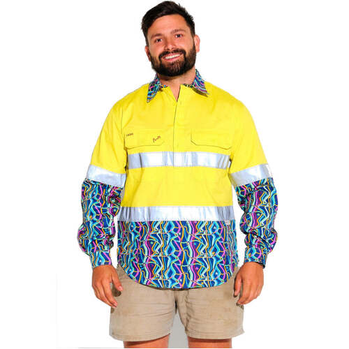 WORKWEAR, SAFETY & CORPORATE CLOTHING SPECIALISTS - MENS SPACE WEAVE HI VIS DAY/ NIGHT YELLOW 1/2 PLACKET WORKSHIRT