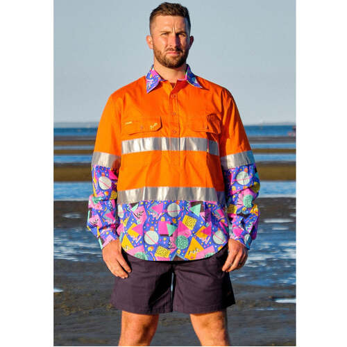WORKWEAR, SAFETY & CORPORATE CLOTHING SPECIALISTS - MENS COSMIC CONFETTI HI VIS DAY/ NIGHT ORANGE 1/2 PLACKET WORKSHIRT