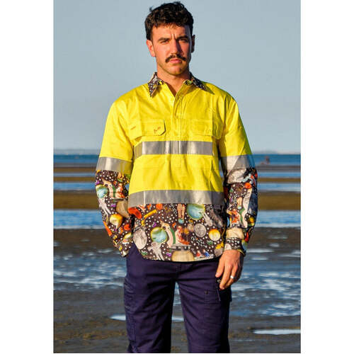 WORKWEAR, SAFETY & CORPORATE CLOTHING SPECIALISTS - MENS MOON MUTTS HI VIS DAY/ NIGHT YELLOW 1/2 PLACKET WORKSHIRT